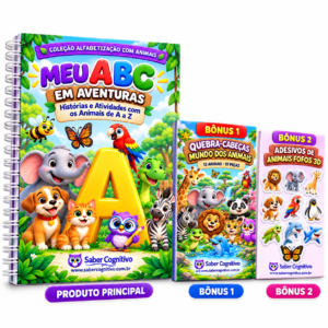 Mockup de produto em fundo branco, mostrando o kit do Saber Cognitivo com três materiais lado a lado. À esquerda aparece o produto principal, o caderno “Meu ABC em Aventuras”, em versão com espiral branca, capa colorida e temática de alfabetização com animais. A capa traz o título “Meu ABC em Aventuras — Histórias e Atividades com os Animais de A a Z”, com vários personagens infantis e animais ilustrados, como elefante, cachorro, gato, zebra, papagaio, abelha, borboleta e uma corujinha. À direita do caderno principal aparecem os dois bônus. O primeiro é o “Bônus 1 — Quebra-Cabeças Mundo dos Animais”, com capa ilustrada por diversos animais em cenário natural e proposta lúdica de montagem. Ao lado dele está o “Bônus 2 — Adesivos de Animais Fofos 3D”, apresentado como cartela de adesivos com vários animais coloridos em estilo infantil. Na parte inferior, cada item está identificado com uma faixa: “Produto Principal”, “Bônus 1” e “Bônus 2”. A composição é limpa, comercial e organizada, ideal para uso no site, destacando de forma clara o material principal e os bônus inclusos.